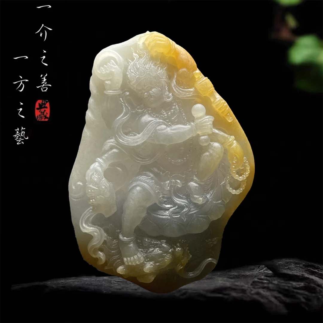 合一堂翡翠工作室定制展示：冰种冰黄《六臂大黑天》手工私人定制