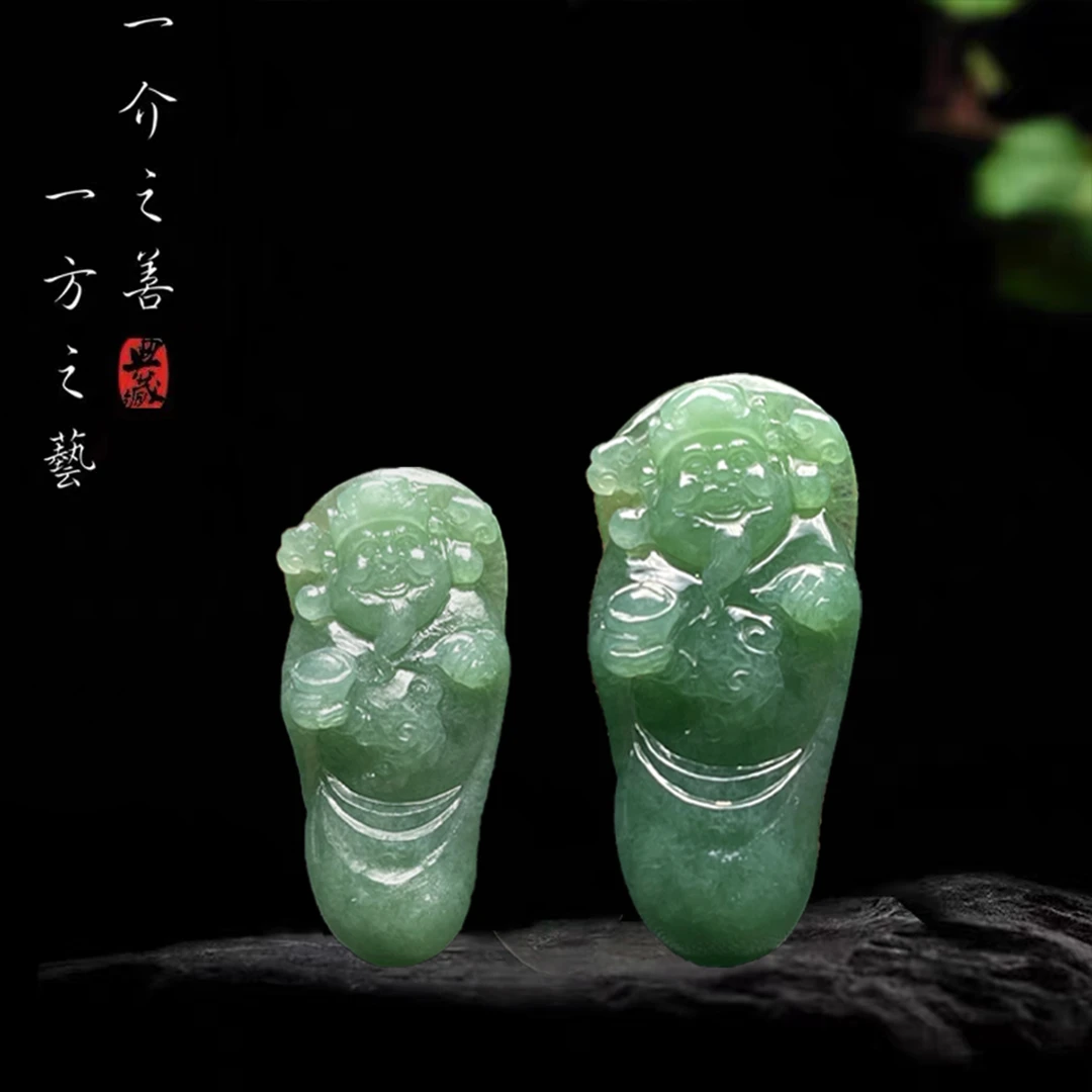 【已结缘】合一堂翡翠工作室定制展示：糯冰豆绿色《文财神》毛货定制