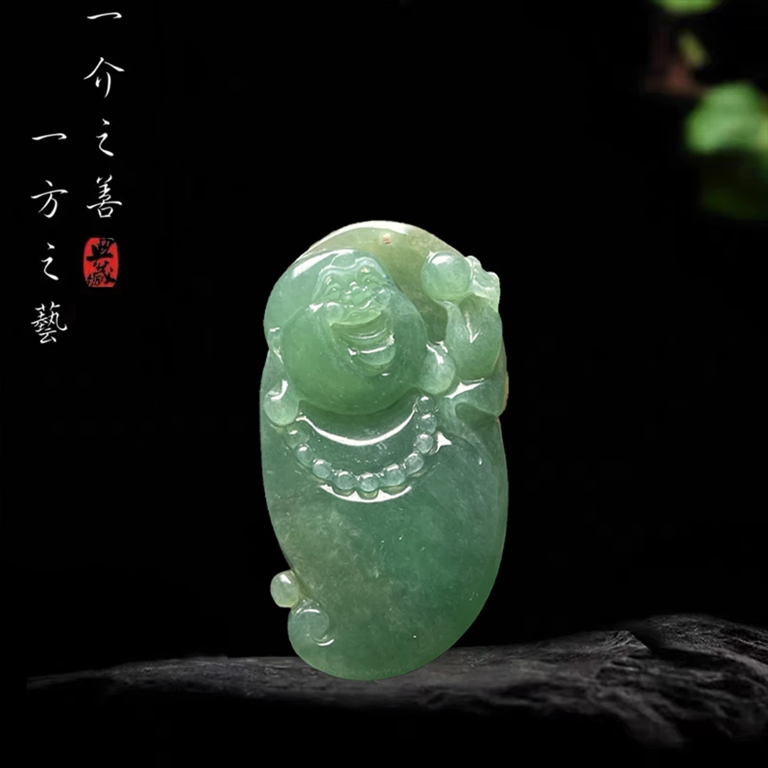 【已结缘】合一堂翡翠工作室定制展示：糯冰满绿《弥勒佛》毛货珠宝翡