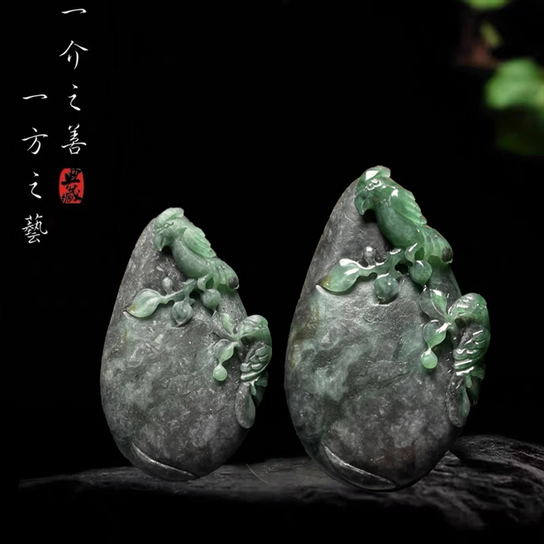 【已结缘】合一堂翡翠工作室定制展示：糯冰乌鸡带绿《双喜临门》毛货