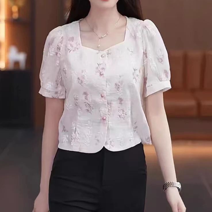 新中式方领提花泡泡袖衬衫夏季设计感甜美时尚减龄上衣719长47