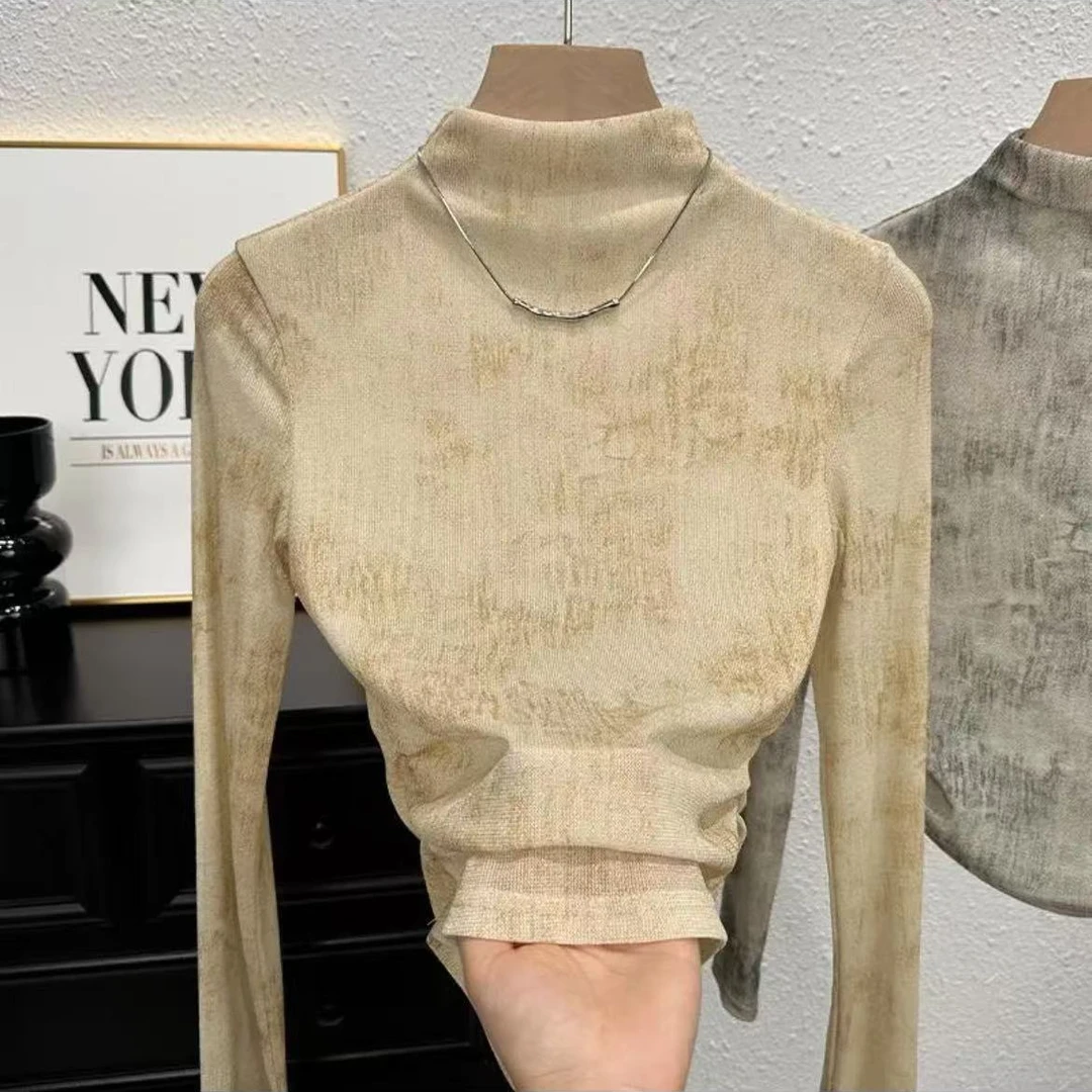 2024春秋新款显瘦时尚长袖褶皱打底衫扎染T恤百搭女上衣2S293长48