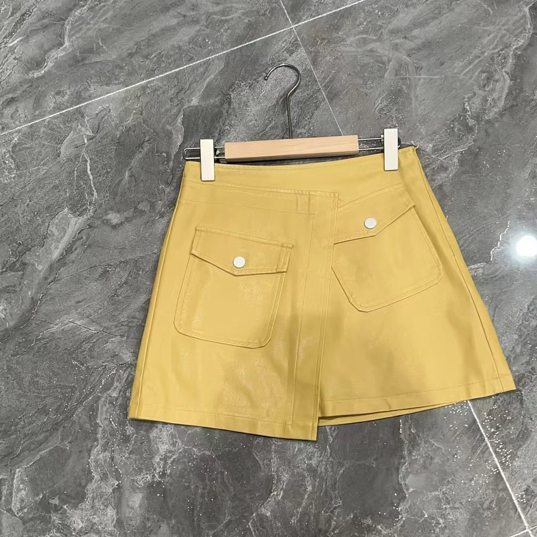 春秋新款显瘦纯色皮裙百搭时尚半身裙包臀裙不规则A字裙9107长37