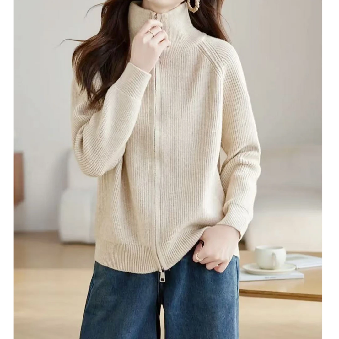 2024秋冬新款双拉链毛衣洋气显瘦开衫针织衫时尚女士上衣118长55