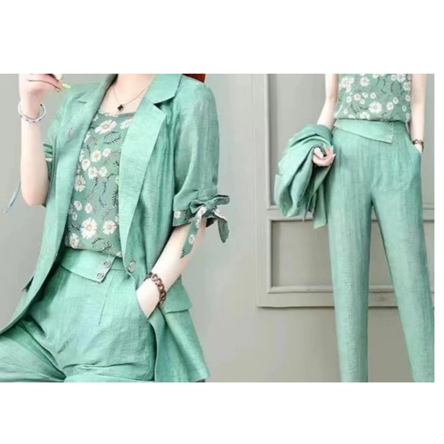 时尚西装套装女短袖减龄2024春夏新款洋气显瘦三件套2137衣64裤90