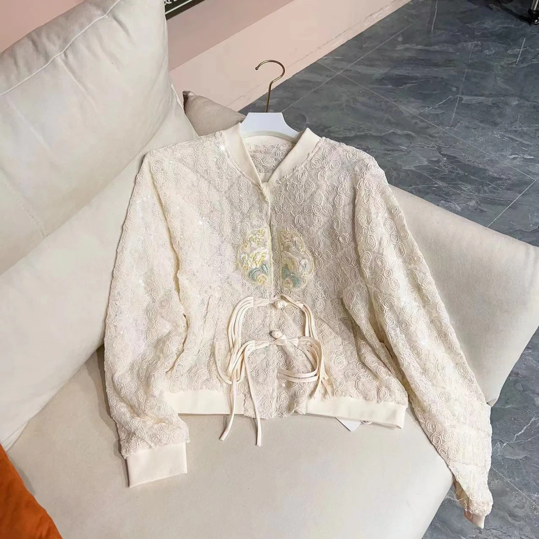 2024春秋新款蕾丝刺绣短外套新中式国风重工绣花棒球服2423长51