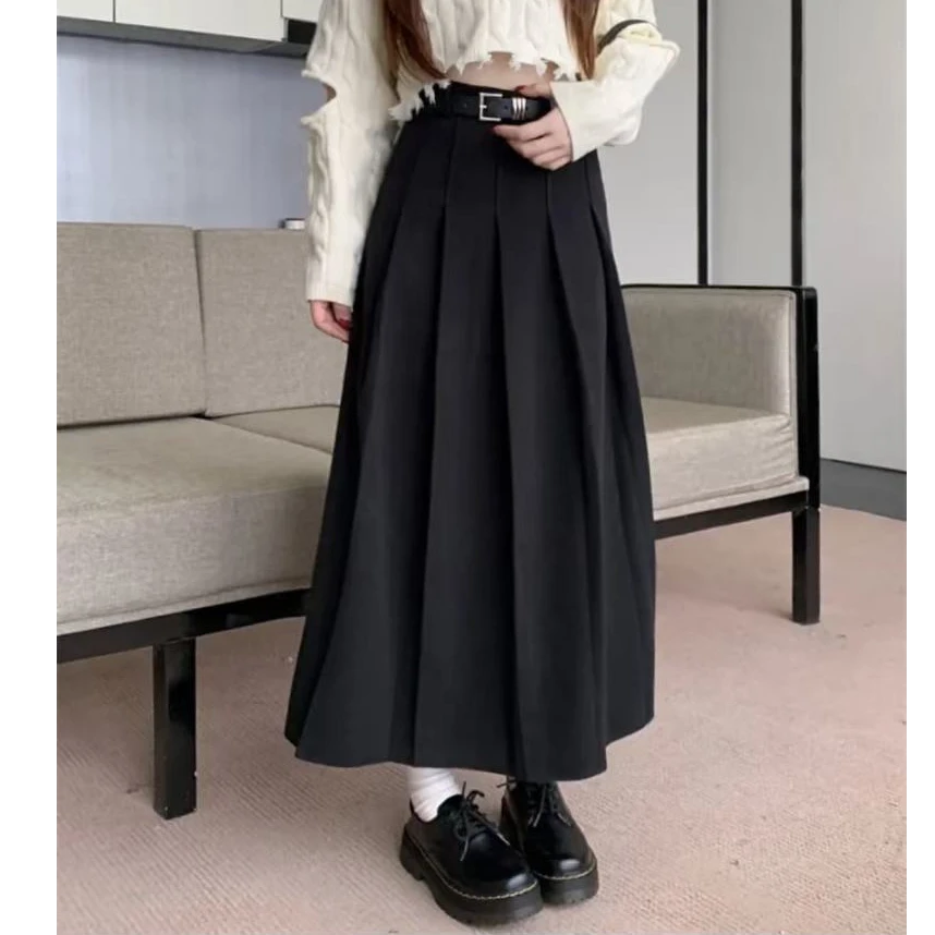 2024秋冬新款显瘦纯色毛呢百褶裙时尚百搭半身裙A字裙8612长78