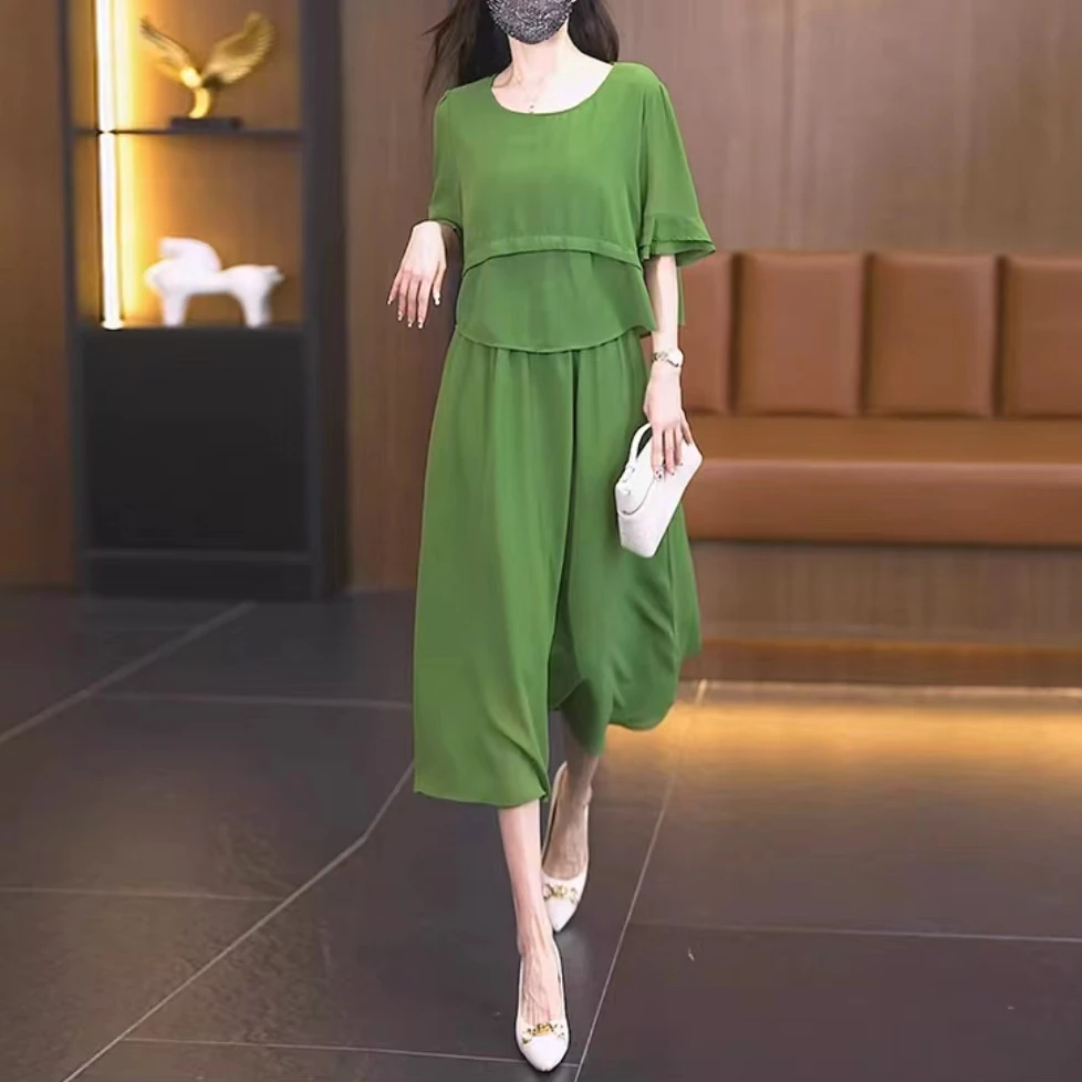 夏季新款纯色假两件连衣裙气质显瘦洋气时尚圆领女裙子679长113