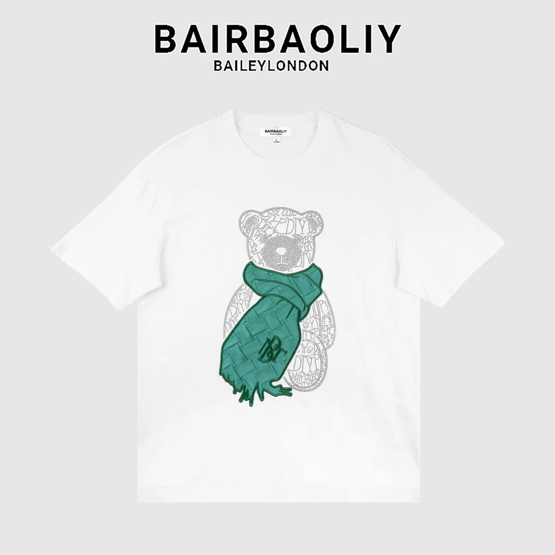 BAIRBAOLIY/柏堡里品牌男士小熊烫钻刺绣拼接短袖T恤男女同款夏季