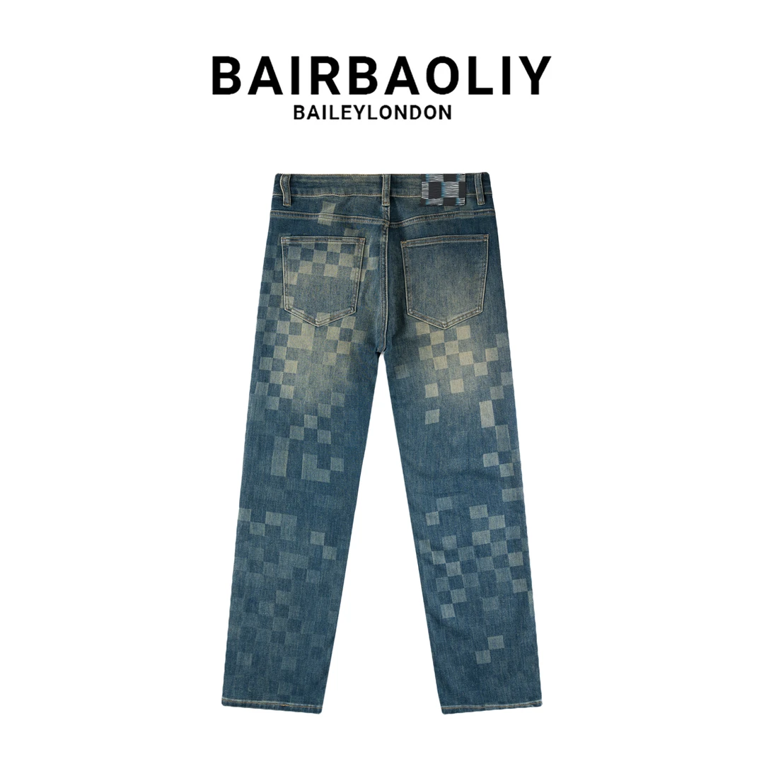 BAIRBAOLIY潮牌新款美式裤子格子同款马赛克棋盘宽松直筒牛仔裤男