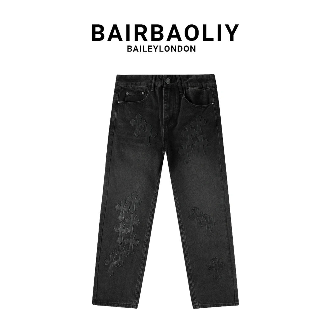 BAIRBAOLIY潮牌街头个性十字架拼皮阔腿牛仔裤高街休闲复古长裤男