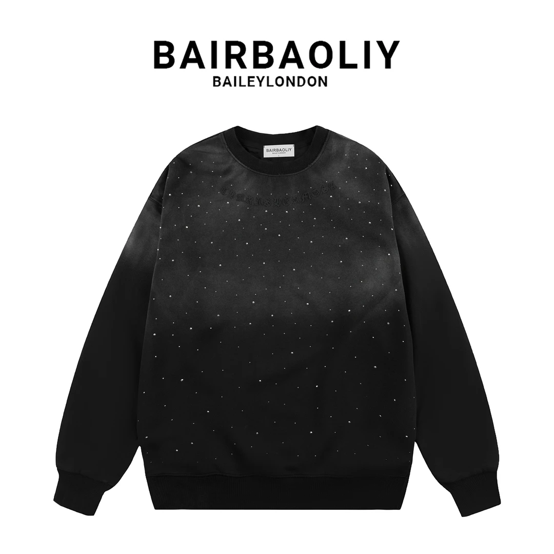 BAIRBAOLIY重工水洗闪钻满天星复古男士圆领卫衣轻奢痞帅微阔上衣