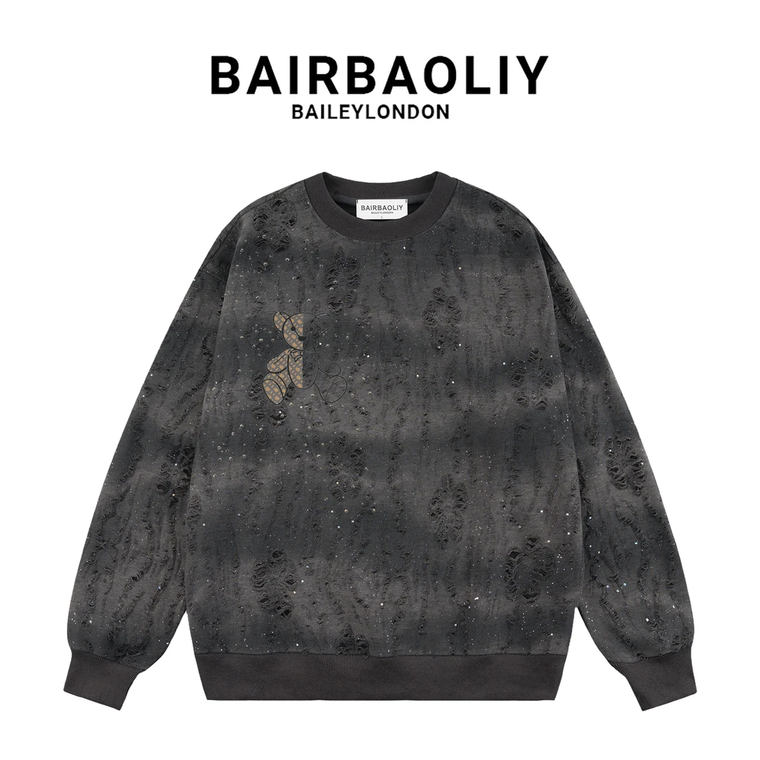 BAIRBAOLIY轻奢高定时尚联名款破洞卫衣男士潮流高街亮片渐变上衣