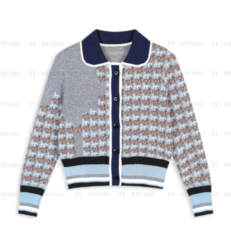 早秋新款拼色芝麻点提花针织开衫长袖小香风气质蓝色时尚秋冬