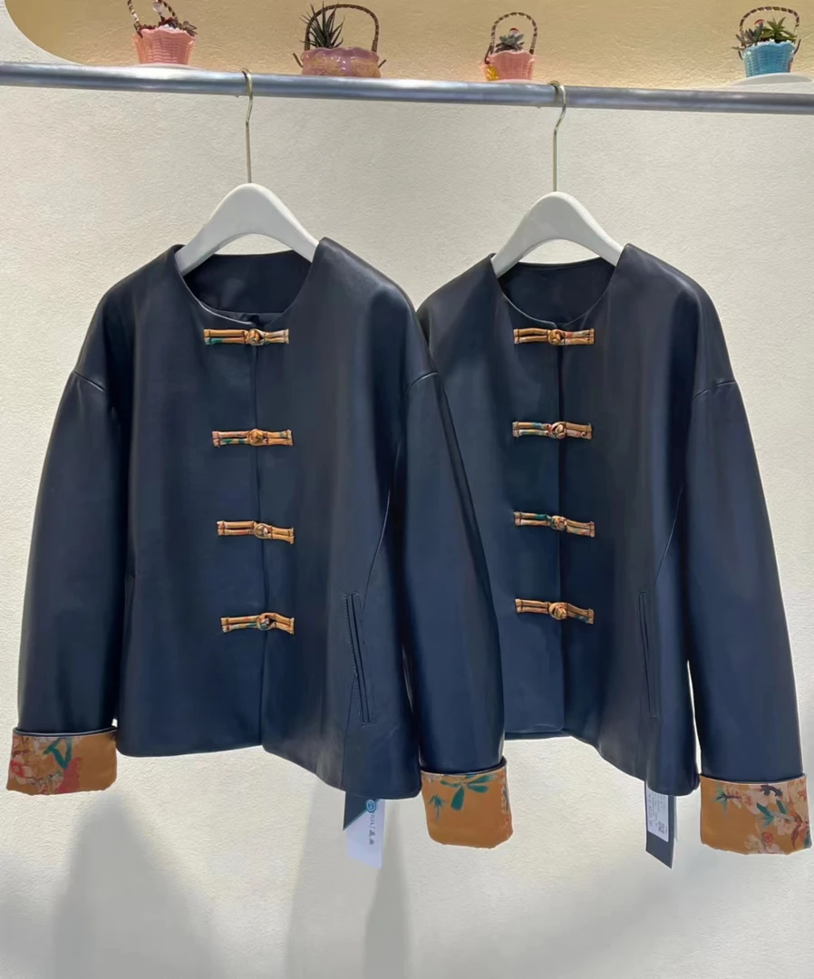 2024新中式盘扣/高级感撞袖拼色真皮皮衣