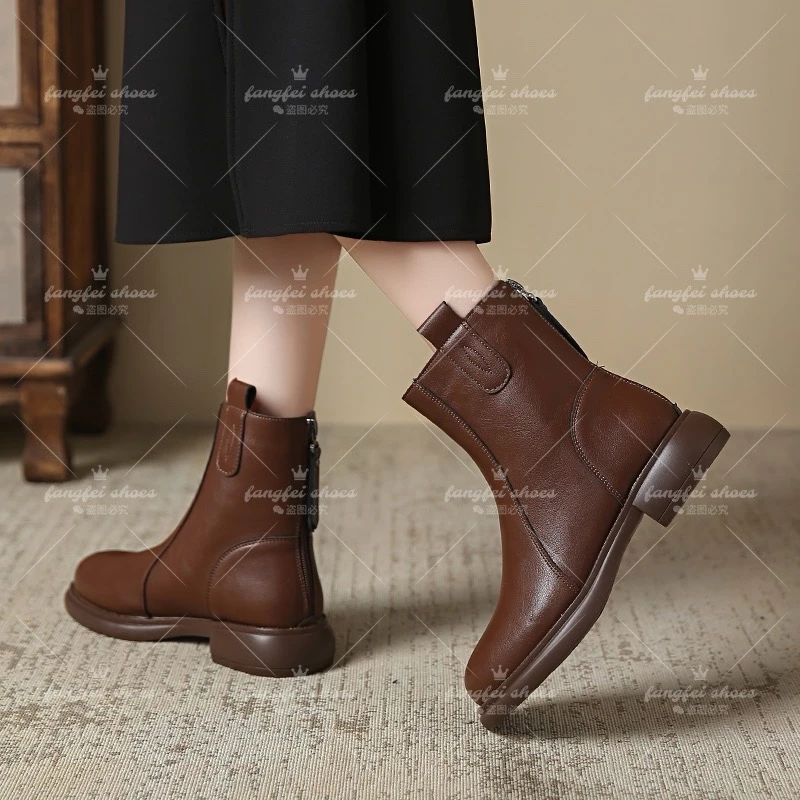 加绒软皮中跟女休闲低跟短筒时尚百搭舒适复古马丁靴701