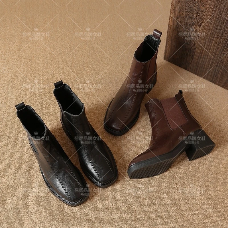 【翘颜女鞋】百搭高级时尚气质方根粗跟短筒短靴切尔西瘦瘦靴1288