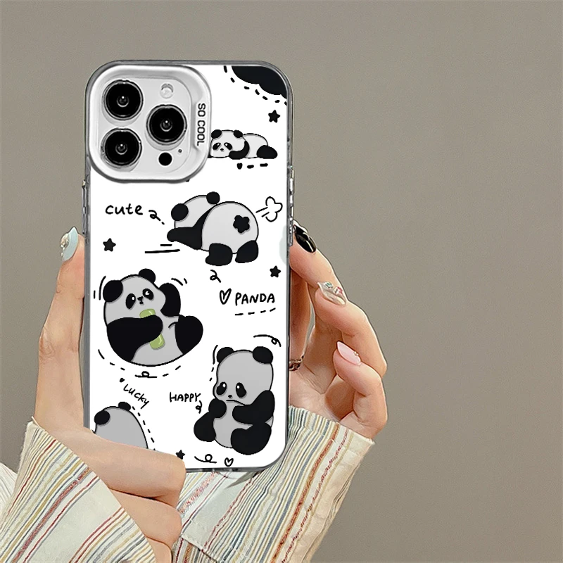 适用苹果15华为荣耀oppo小米14vivo可爱ins创意熊猫彩银手机壳MC