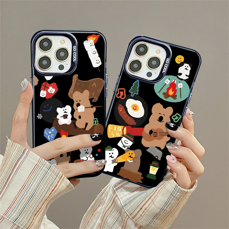 适用苹果15华为荣耀oppo小米可爱INS卡通熊熊彩银黑色手机壳MC