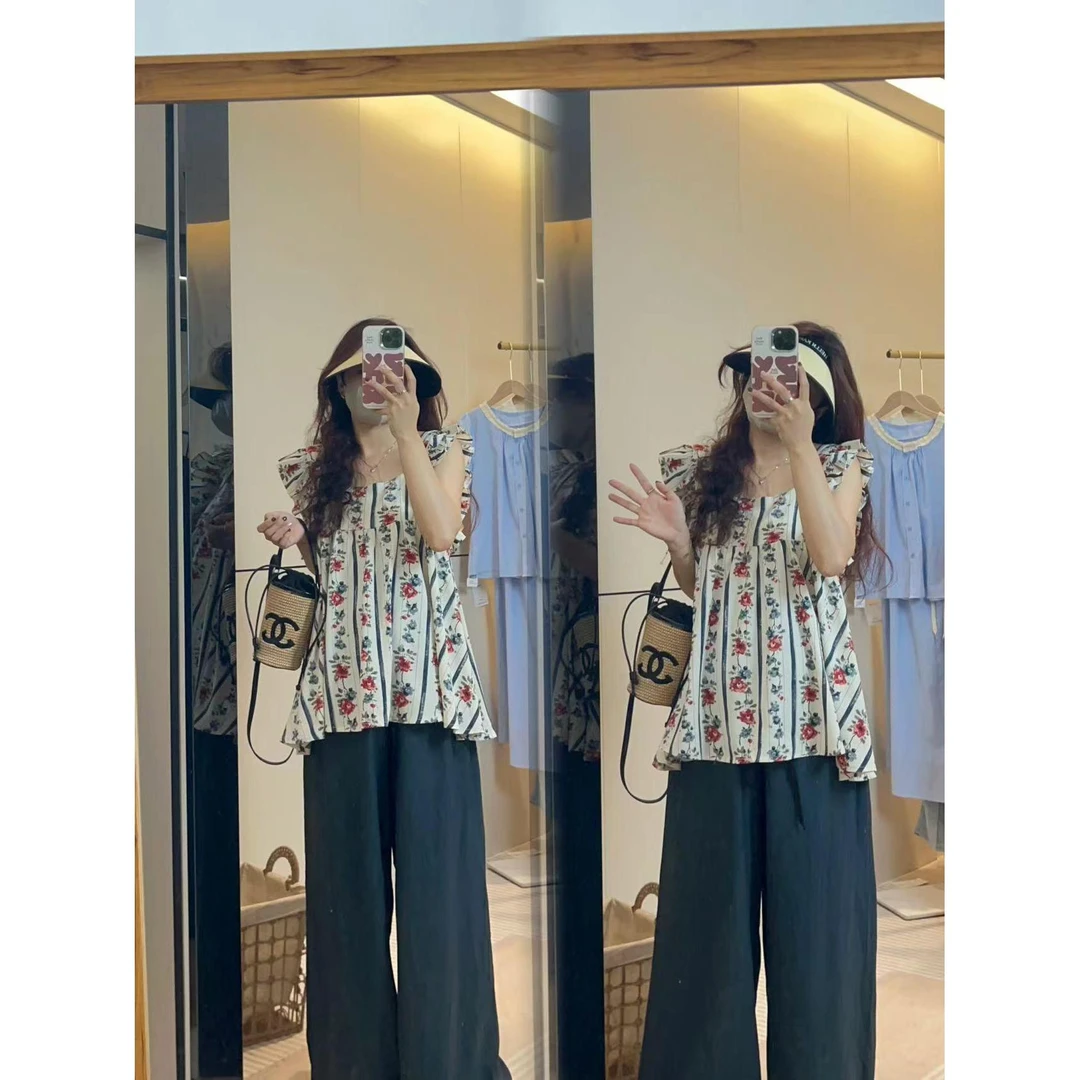 韩版小个子~夏季小清新仿古印花皱褶袖甜美衫+冰凉裤孕妇两件套