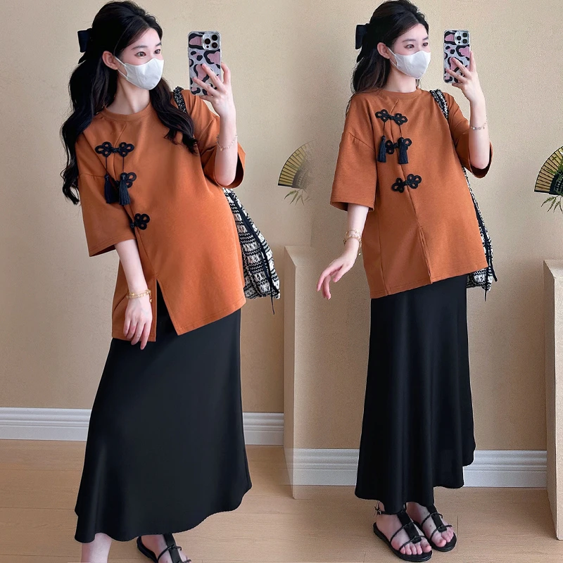 时尚小个子孕妇装夏装夏季新中式国风圆领盘扣半身裙套装两件套