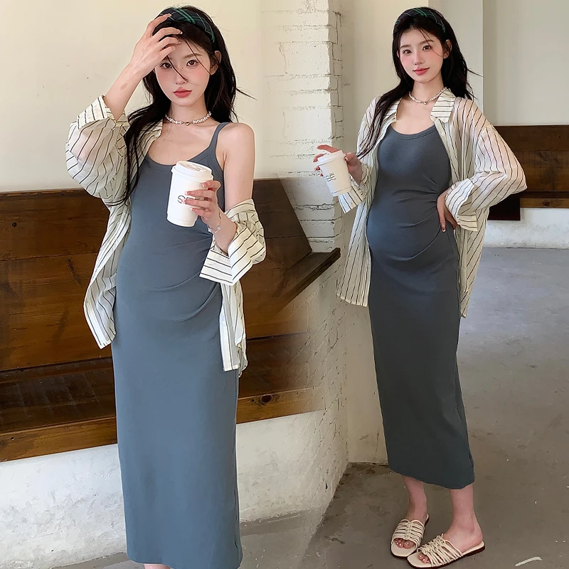 时尚小个子22024韩版大码防晒条纹衬衣+显瘦吊带裙两件套