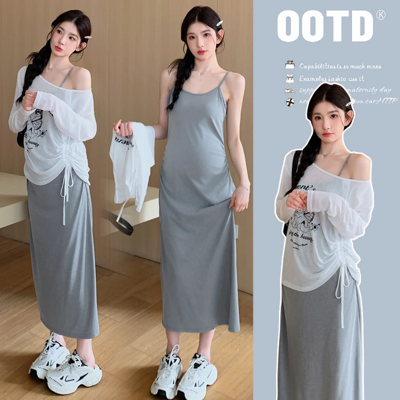 时尚小个子～孕妇夏季印花宽松防晒衣罩衫修身长款吊带裙两件套装