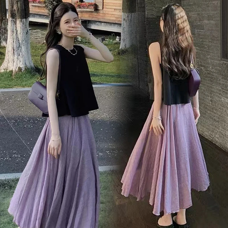 时尚小个子~孕妇法式气质立体小清新无袖上衣甜美棉麻半身裙套装