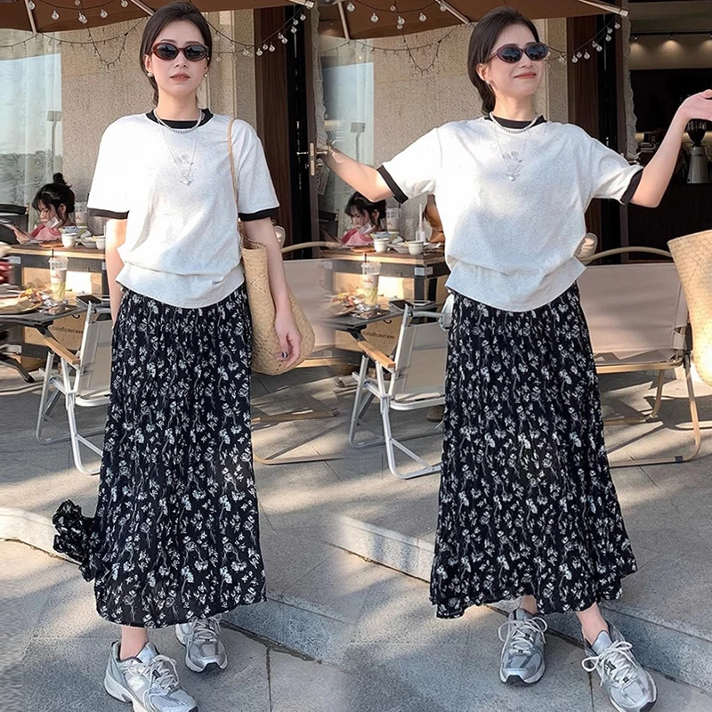 时尚小个子2024韩版夏季新款米奇印花短袖T恤+百搭碎花半身裙套装