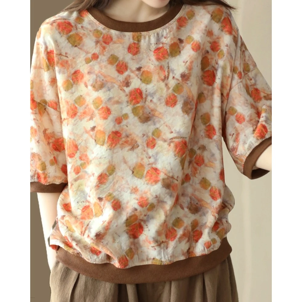 新款复古数码印花天丝麻上衣文艺短袖套头T恤休闲宽松显瘦设计感