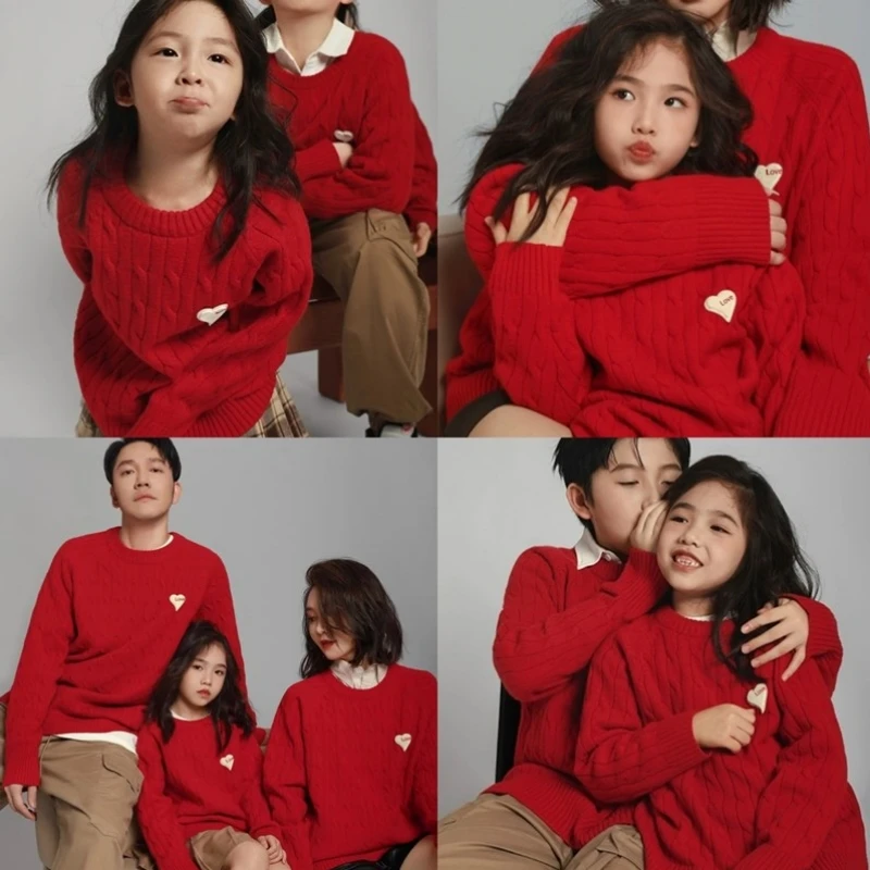 春节温馨亲子母女喜庆麻花爱心毛衣2025蛇年春节本命年一家全家装