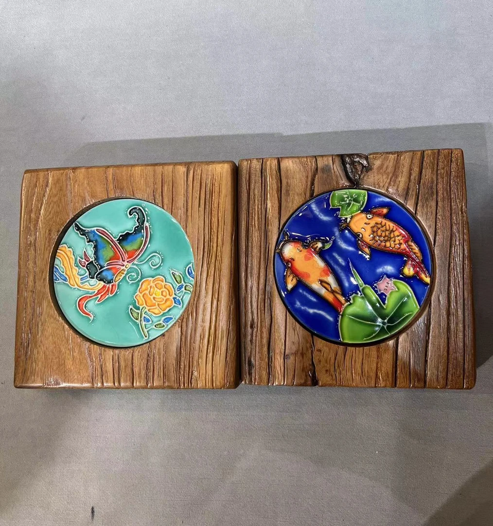 【贝尔】老榆木镶嵌10厘米瓷片画壶承桌面茶台客厅摆件