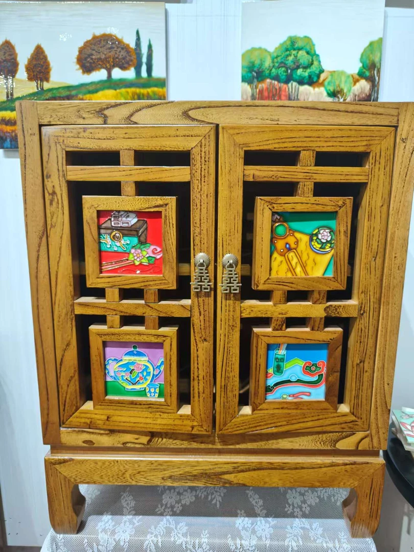 【贝尔】手工绘制陶瓷老榆木榫卯结构双喜镂空雕花囍字柜54*34*69cm