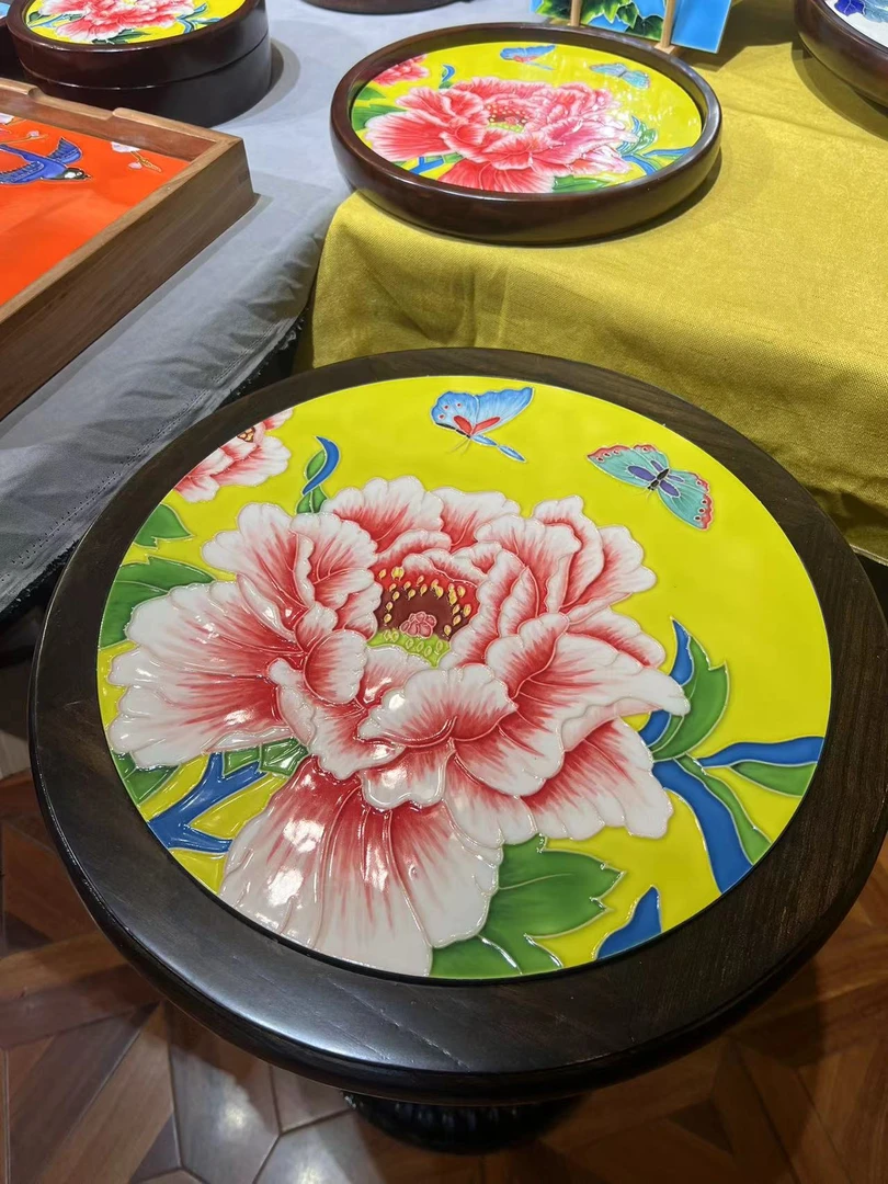 【贝尔】手工瓷绘风化老榆木实心边几桌圆47*74cm