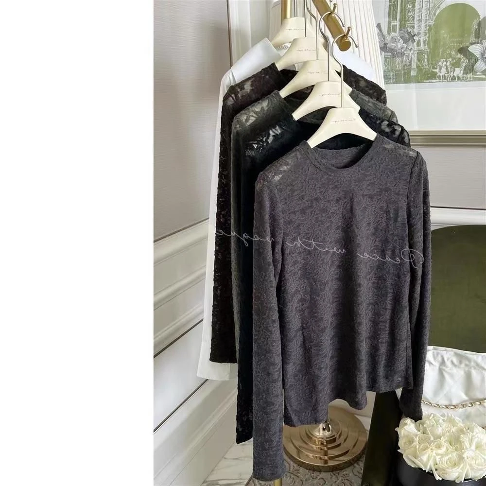 打底蕾丝衫网红时尚休闲长袖女士圆领秋冬上衣长款百搭大码纯色