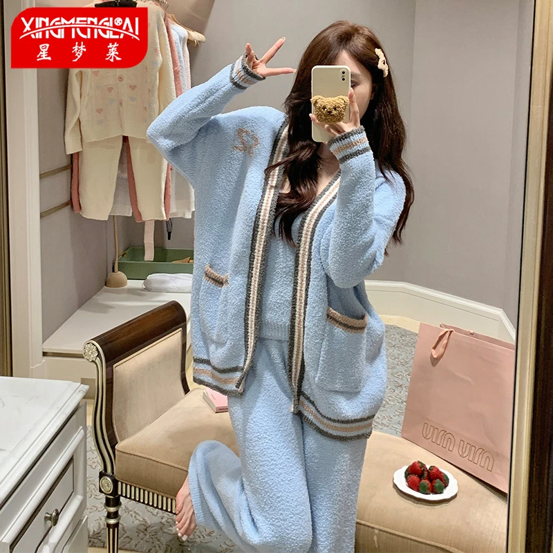 睡衣女秋冬新款加绒加厚珊瑚绒吊带三件套可外穿保暖半边绒家居服