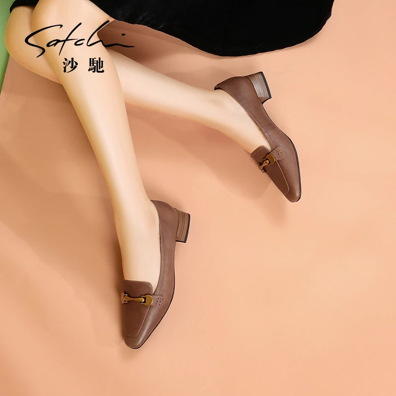 沙驰 欧美复古风方头中跟女单鞋百搭浅口透气女鞋