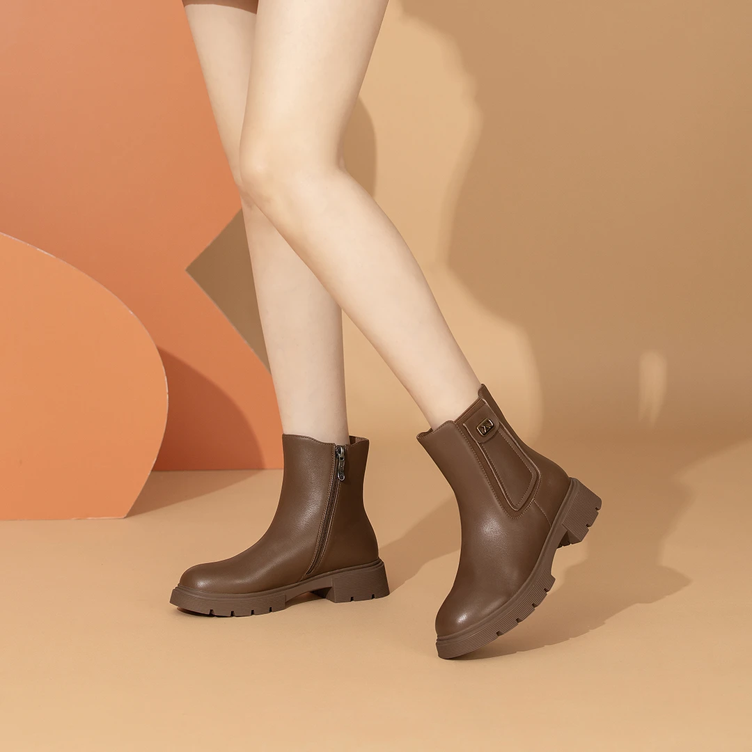 沙驰 加绒牛皮切尔西靴厚底烟筒靴甜酷时尚保暖百搭短靴