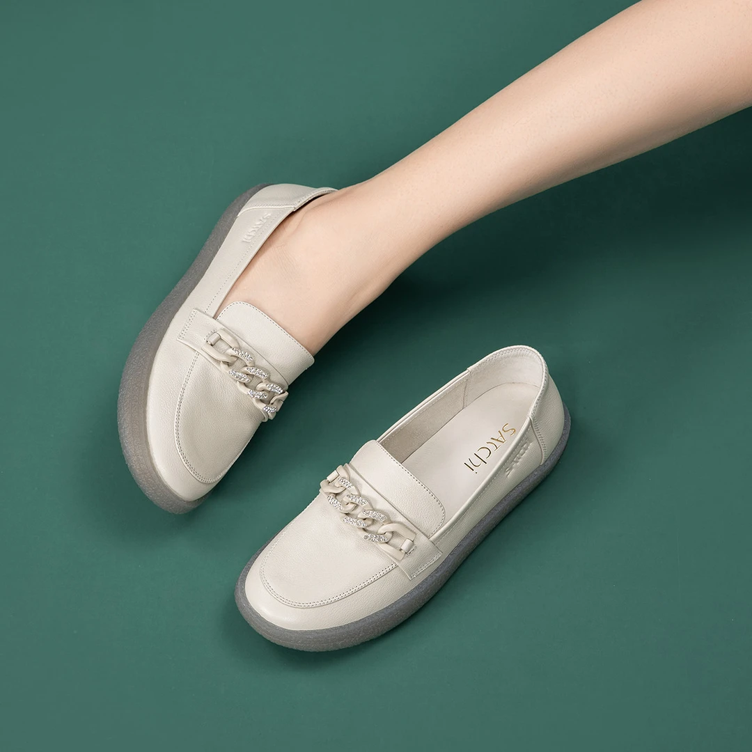 沙驰 牛皮舒软乐福鞋平底百搭通勤小皮鞋单鞋妈妈鞋