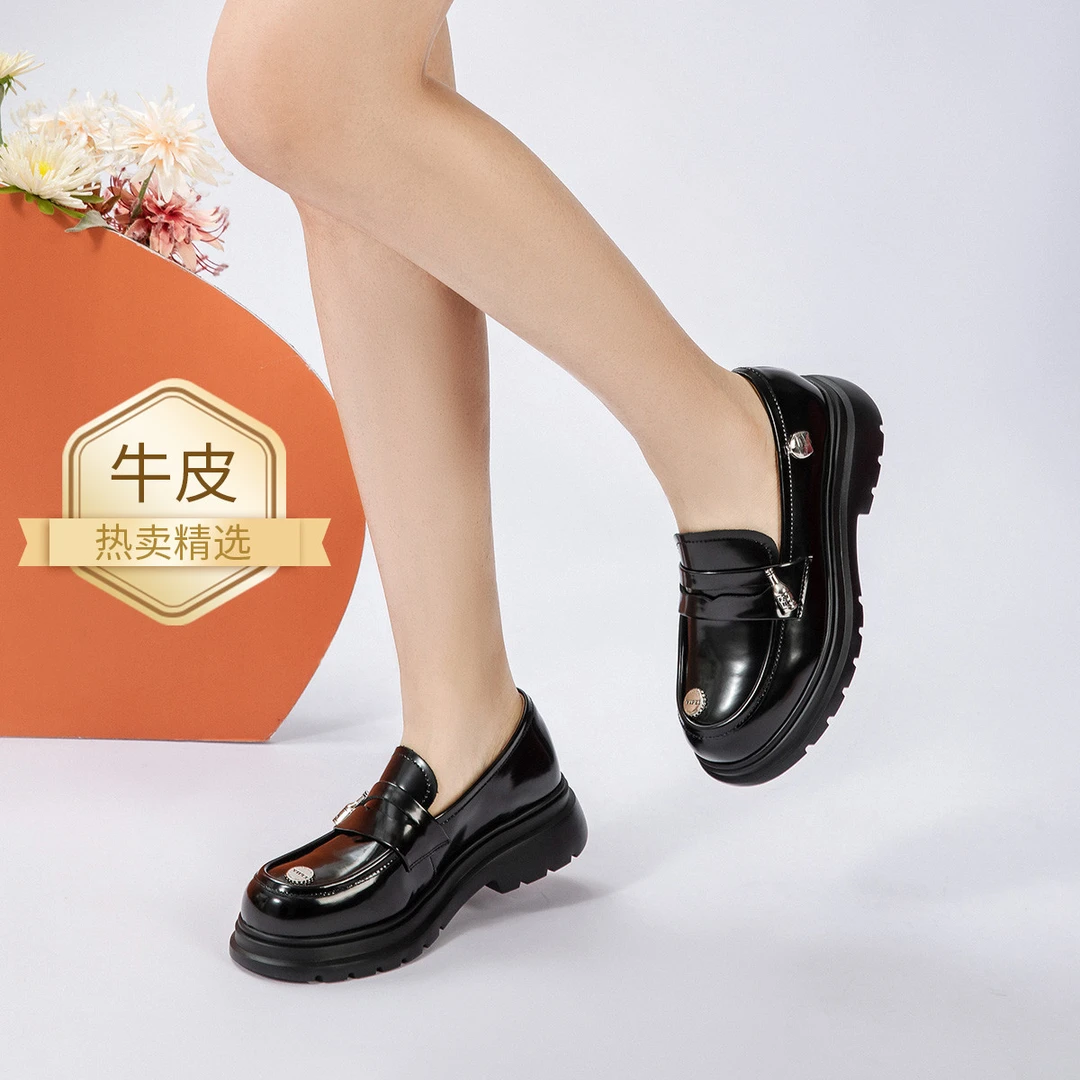 沙驰 牛皮甜美乐福鞋奇趣厚底小皮鞋百搭JK制服鞋单鞋