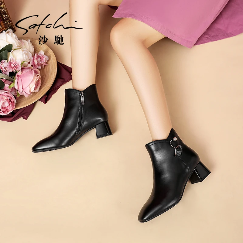 沙驰 绒里/单里可选牛皮简雅显瘦时装女靴中跟瘦瘦靴女靴