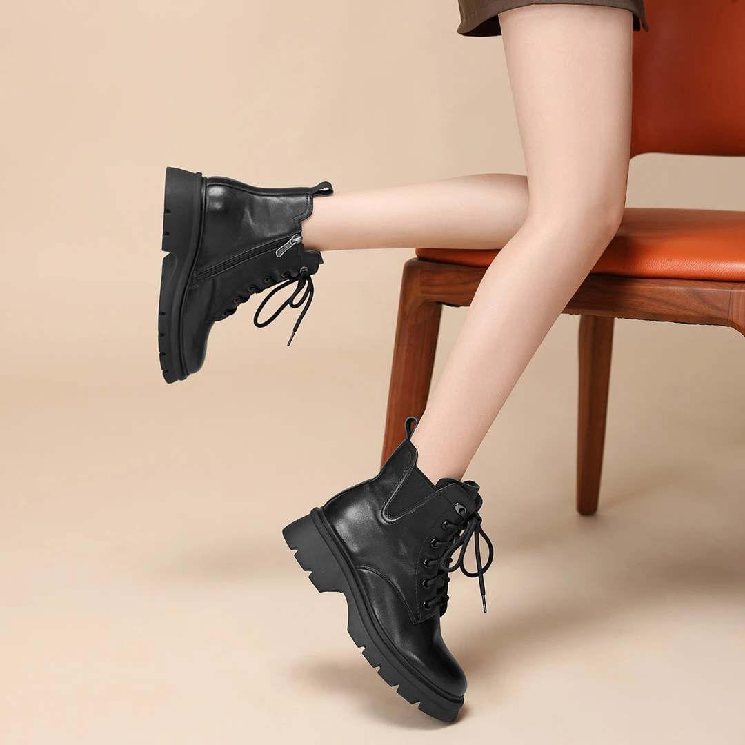 沙驰【绒里】牛皮厚底增高马丁靴保暖工装靴女款百搭休闲靴