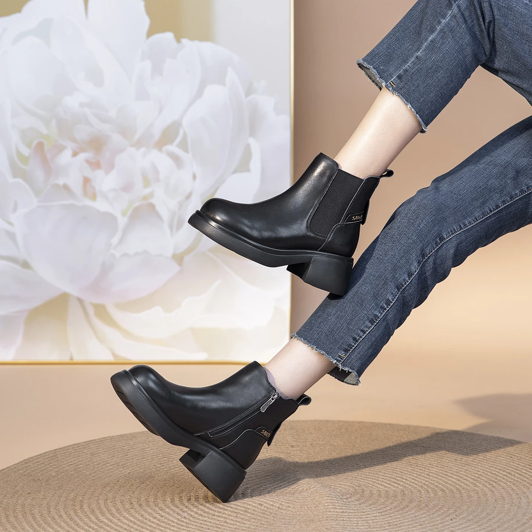 沙驰【加绒牛皮切尔西靴】保暖百搭烟筒靴时尚厚底短靴