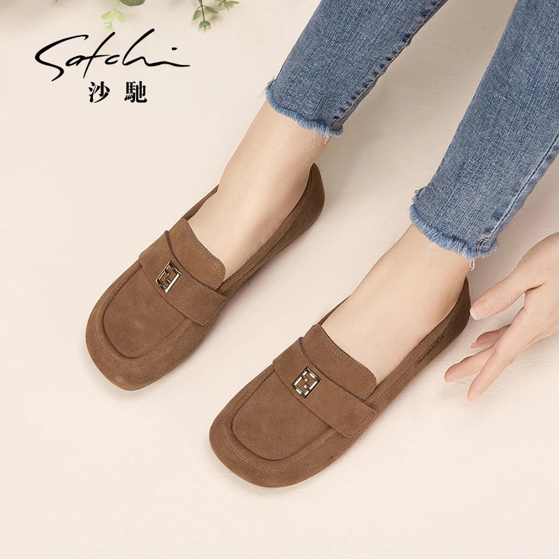 沙驰 轻软豆豆鞋文艺复古一脚蹬浅口女单鞋气质乐福鞋