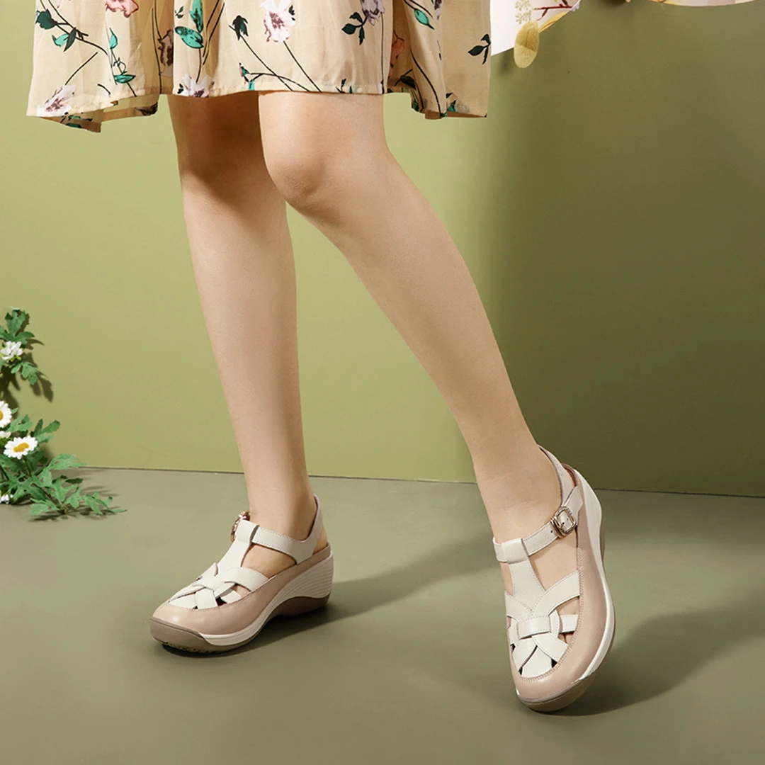 沙驰 牛皮镂空包头凉鞋时尚编织坡跟凉鞋