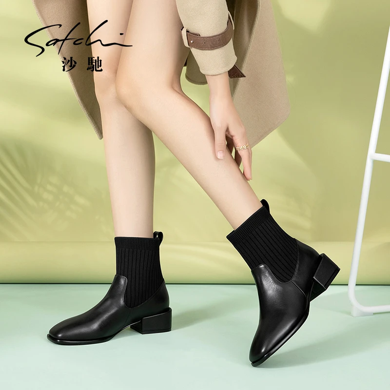 沙驰 时尚百搭休闲风时装靴粗跟弹力瘦瘦靴英伦风女靴