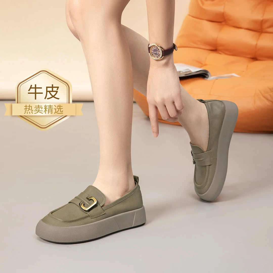 沙驰【头层牛皮】饰扣超轻厚底一脚蹬乐福鞋百搭休闲鞋