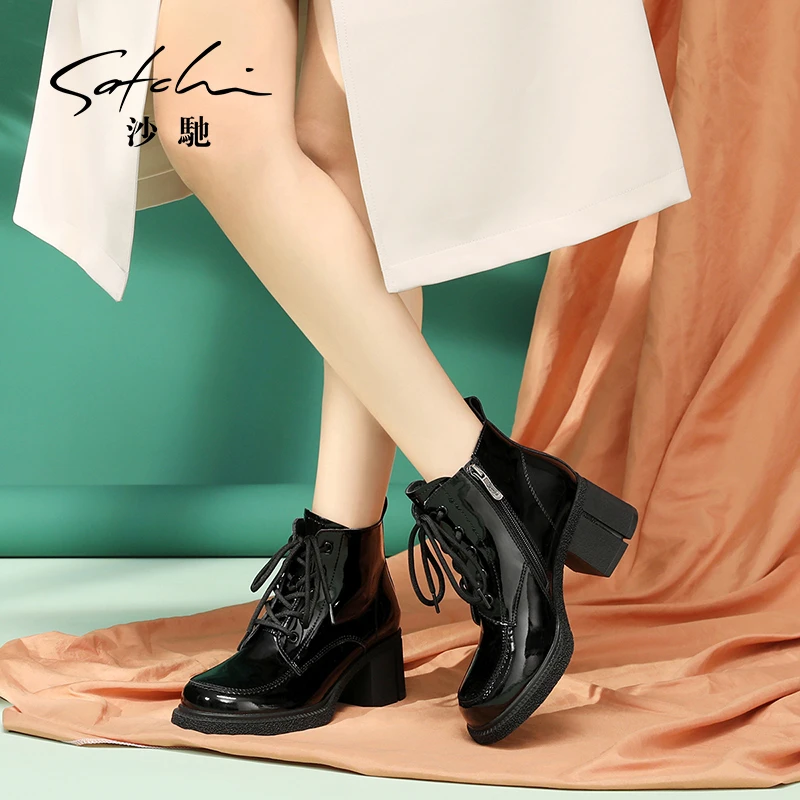 沙驰【绒里】牛皮英伦显瘦粗跟保暖短靴时装百搭女靴