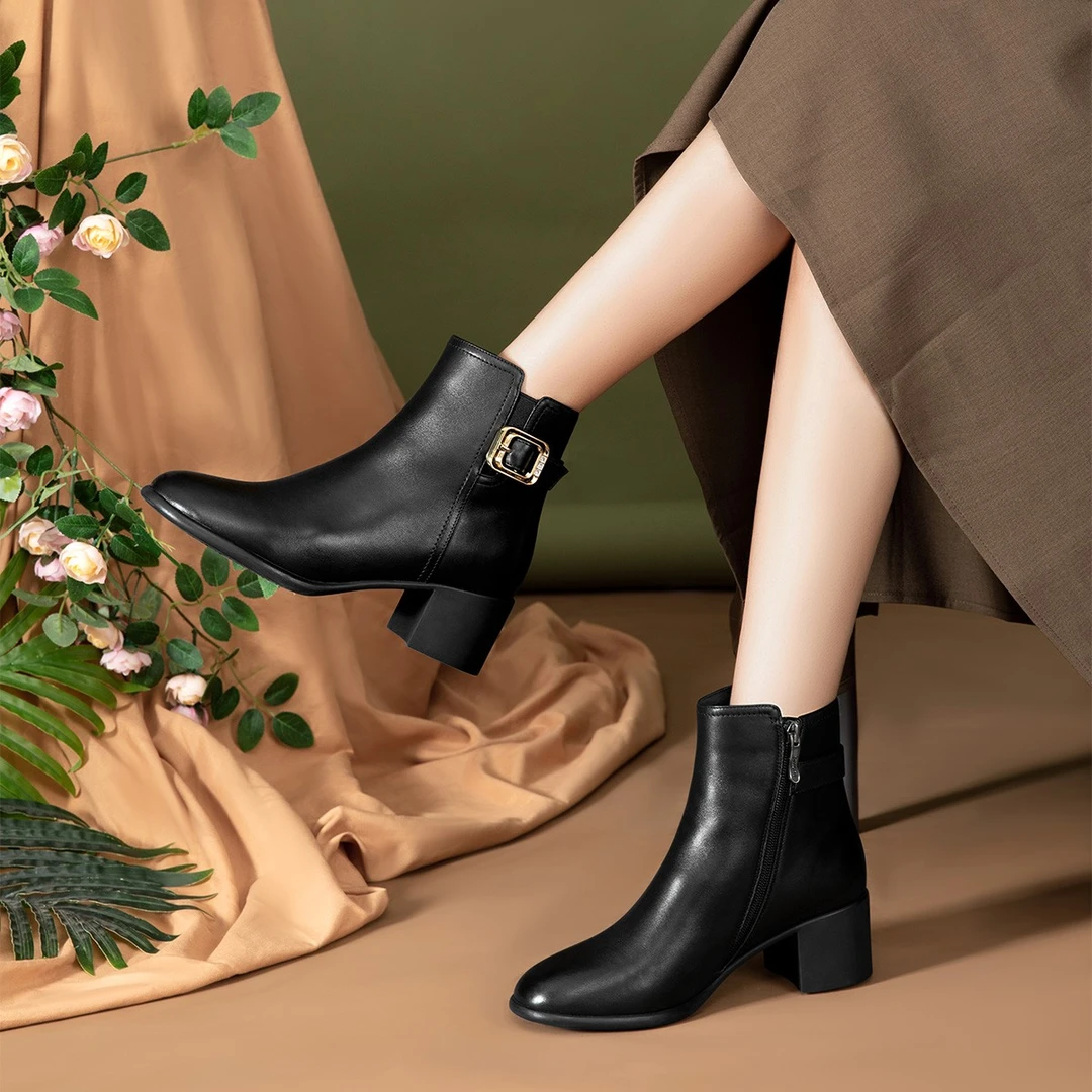 沙驰 质感羊皮简雅粗中跟舒适休闲短靴切尔西靴气质瘦瘦靴