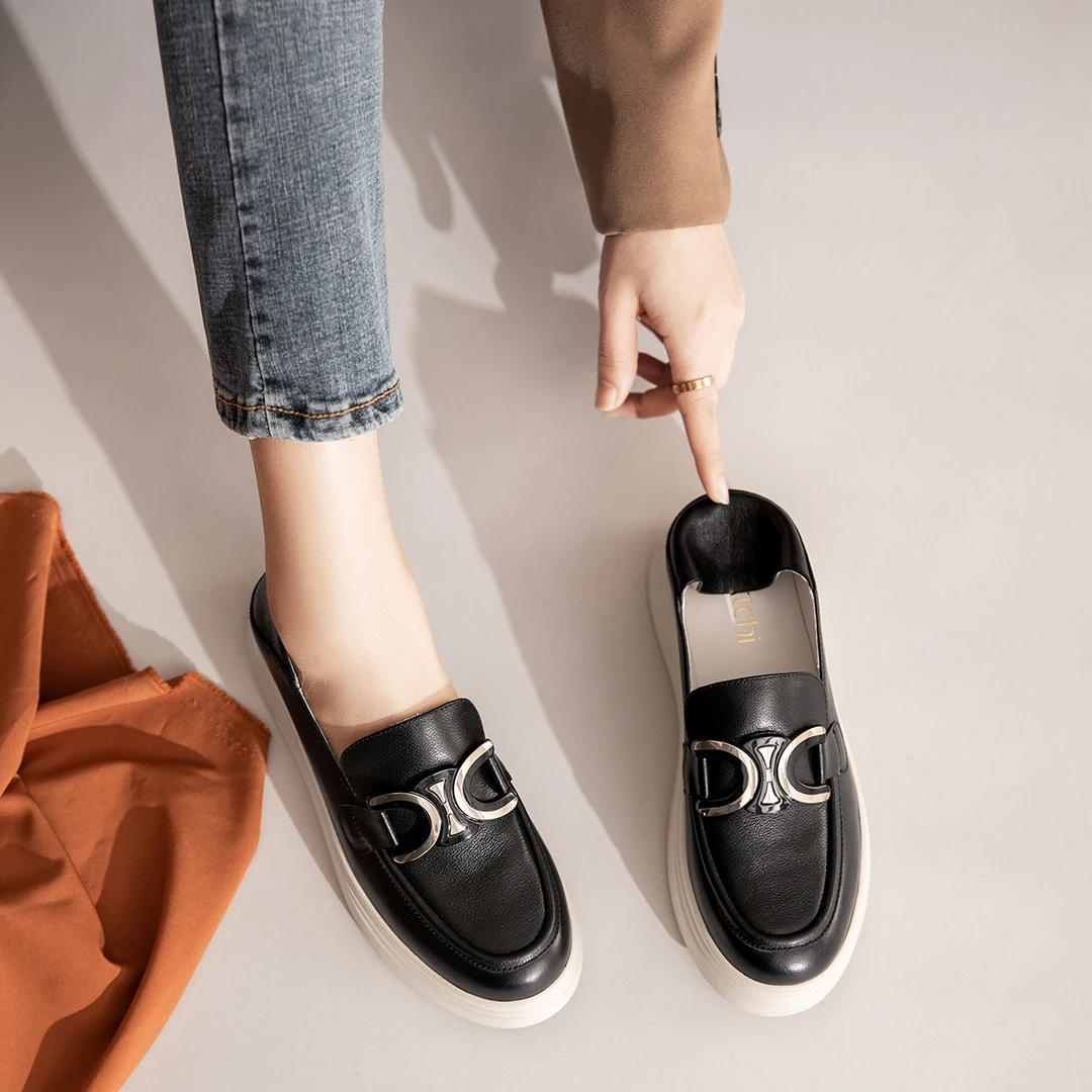 沙驰【牛皮厚底乐福鞋】可两穿休闲女鞋轻便一脚蹬厚底鞋